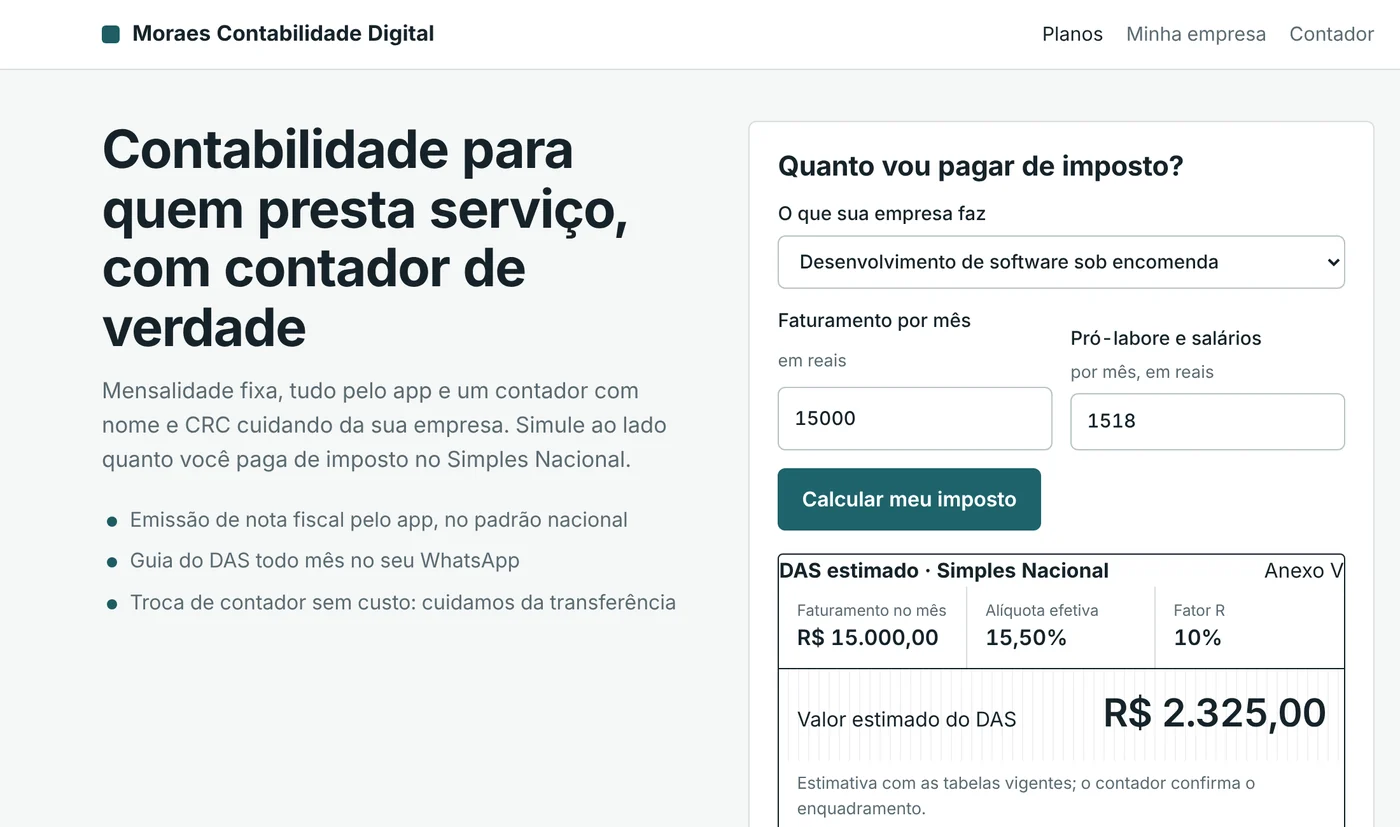 Escritório online de um parceiro, com o simulador de impostos do Simples Nacional e os planos